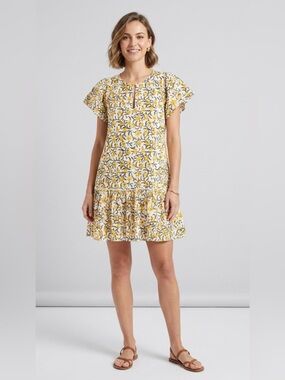 Lilla P Boho Flutter Sleeve White/Yellow Floral Print Tiered Cottagecore Dress